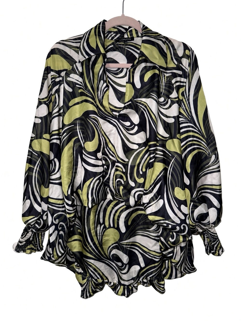 CQ by CQ S/M Abstract Swirl High Low Puff Sleeve Blouse | 70s Hippie